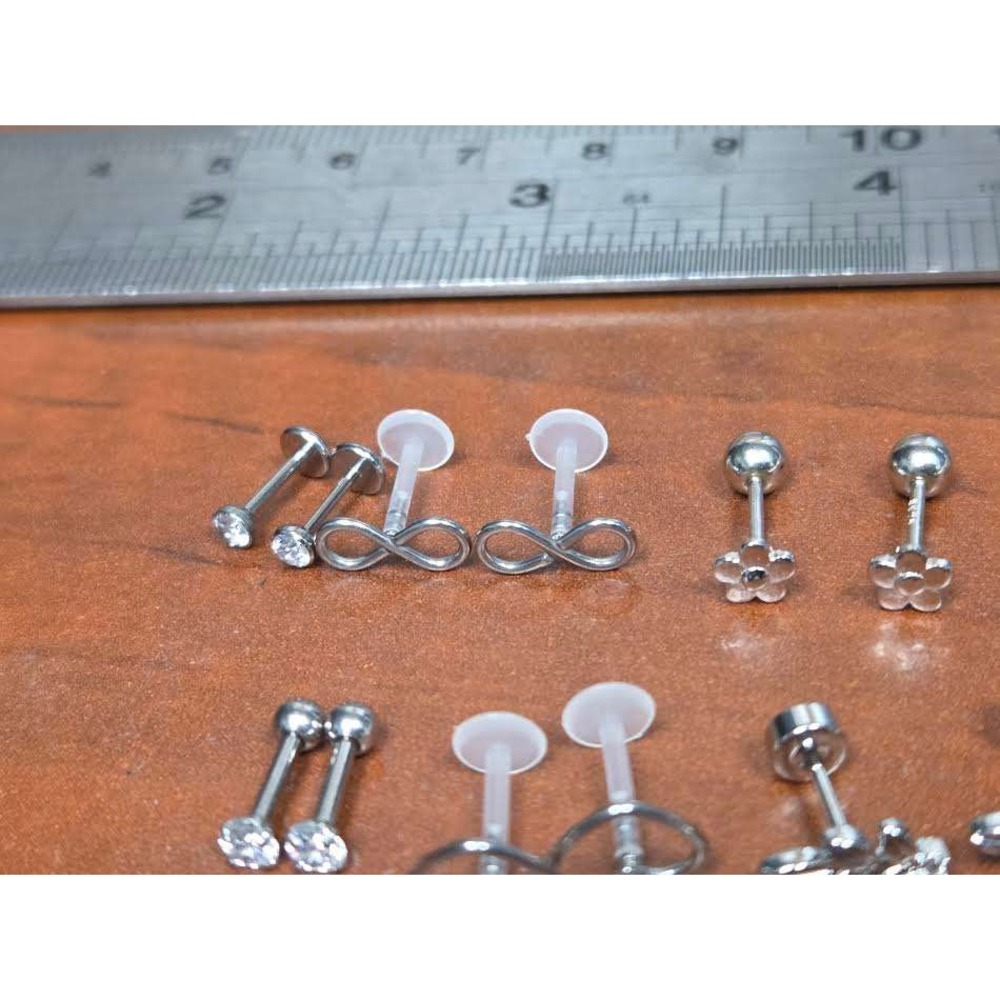 Assorted Silver Tone Body Jewelry Studs Infinity Flower Heart CZ Labret Set